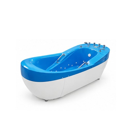 Niebieska wanna AQUANESIS E do rehabilitacji i hydroterapii, widok ukośny.