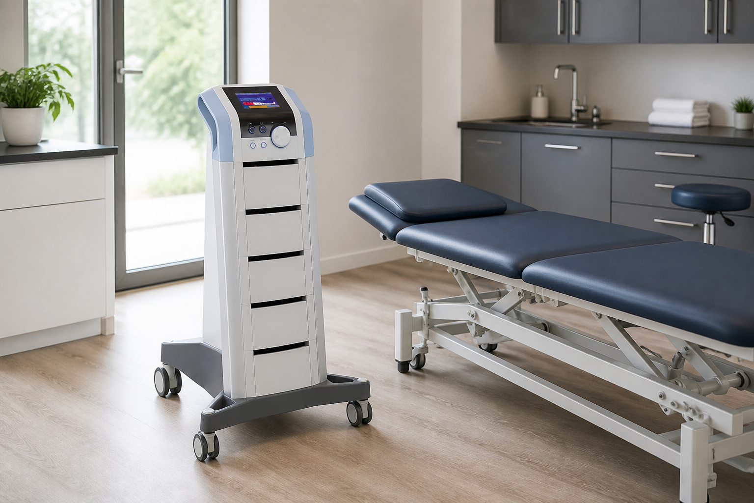 Aparat BTL 6000 Lymphastim 12 Easy na stoliku w gabinecie fizjoterapii