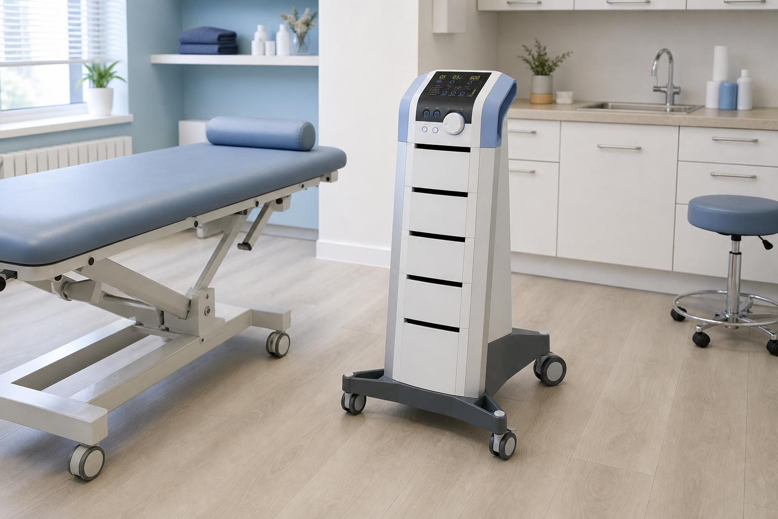 Aparat BTL 6000 Lymphastim 12 Topline na stoliku w gabinecie fizjoterapii