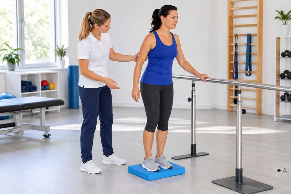 Pacjentka ćwicząca równowagę na piankowej poduszce Mambo Balance Pad