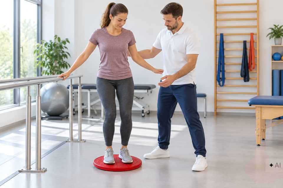 Pacjentka ćwicząca na desce Mambo Max Balance Board Freeman z asekuracją