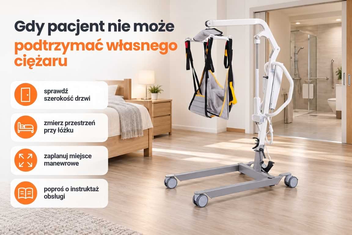 Podnośnik transportowo-kąpielowy z chustą ustawiony przy łóżku