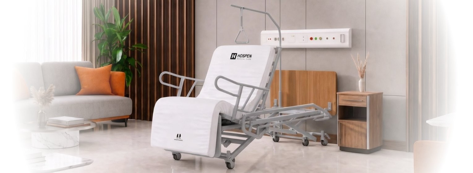Łóżko rehabilitacyjne HOSPEN Verto w pozycji fotela od frontu