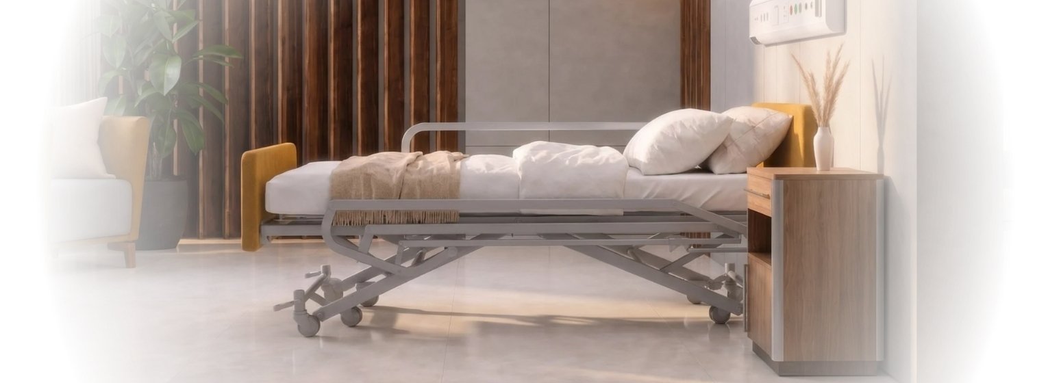 Łóżko HOSPEN Verto z tapicerowanymi frontami widziane z boku